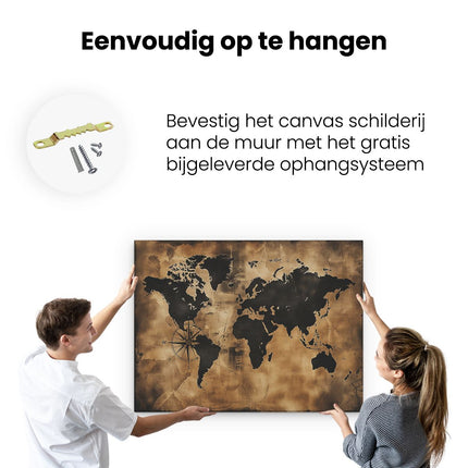 Canvas Schilderij Ophangen Zwarte en Bruine Wereldkaart met een Kompas