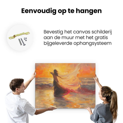 Canvas Schilderij Ophangen Kunstwerk van een Vrouw die bij Zonsondergang op het Strand loopt