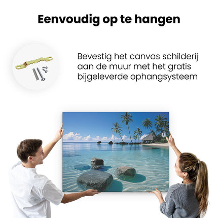 Canvas Schilderij Ophangen Strand met Rotsen en Palmbomen