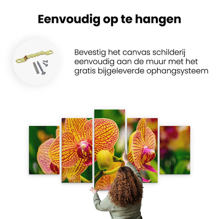 Canvas schilderij vijfluik ophangen geel rode orchidee bloemen