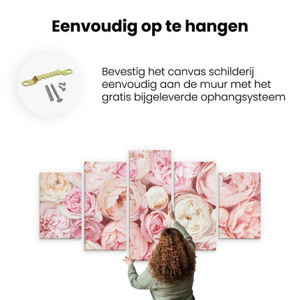 Canvas schilderij vijfluik ophangen witte roze rozen boeket - bloemen