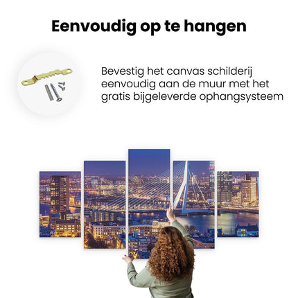 Canvas schilderij vijfluik ophangen rotterdamse skyline met de erasmusbrug 