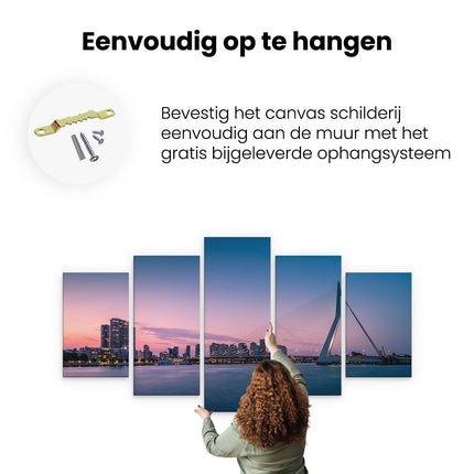 Canvas schilderij vijfluik ophangen erasmusbrug in rotterdam met zonsondergang