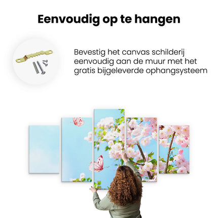 Canvas schilderij vijfluik ophangen twee roze vlinders bij roze bloesem bloemen