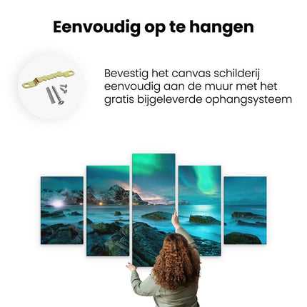 Canvas schilderij vijfluik ophangen noorderlicht boven het water bij rotsen