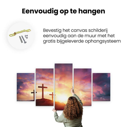 Canvas schilderij vijfluik ophangen kruisiging van jezus christus - drie kruisen