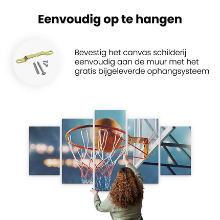 Canvas schilderij vijfluik ophangen basketbal in ring - hoepel - bord