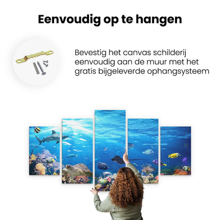 Canvas schilderij vijfluik ophangen vissen met koraalrif onder water