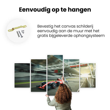 Canvas schilderij vijfluik ophangen formule 1 auto bij de finish in het rood