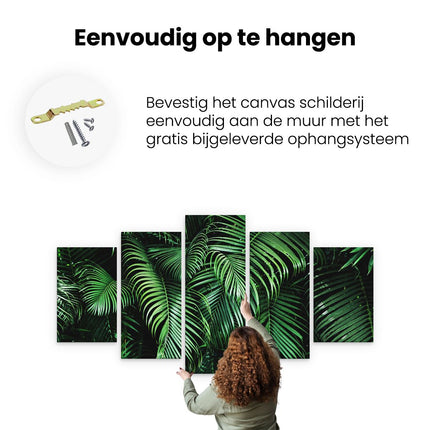 Canvas schilderij vijfluik ophangen tropische palm bladeren - groen