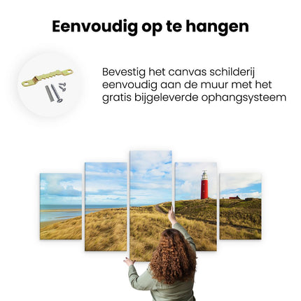 Canvas schilderij vijfluik ophangen vuurtoren met duinen in texel