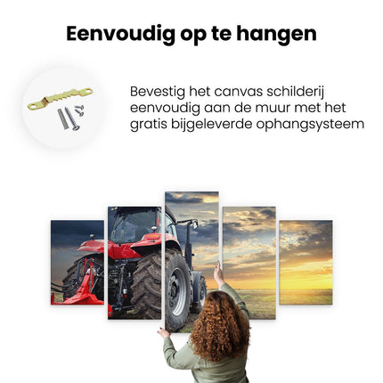 Canvas schilderij vijfluik ophangen rode tractor bij zonsondergang - trekker