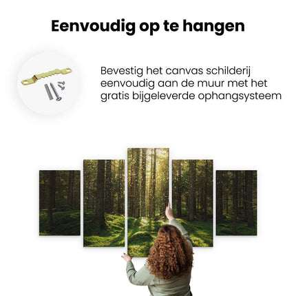 Canvas schilderij vijfluik ophangen bos met groen mos op de grond