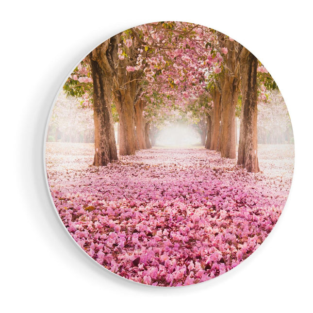 Wandcirkel vooraanzicht Romantische Bomen Tunnel Met Roze Anjers