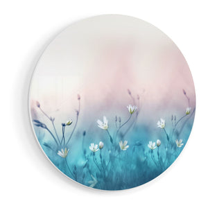 Wandcirkel vooraanzicht Witte Bloemen Op Een Blauw Achtergrond