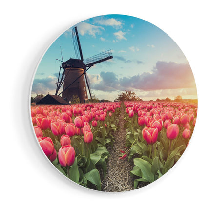 Wandcirkel vooraanzicht Roze Tulpen Bloemenveld - Met Windmolen