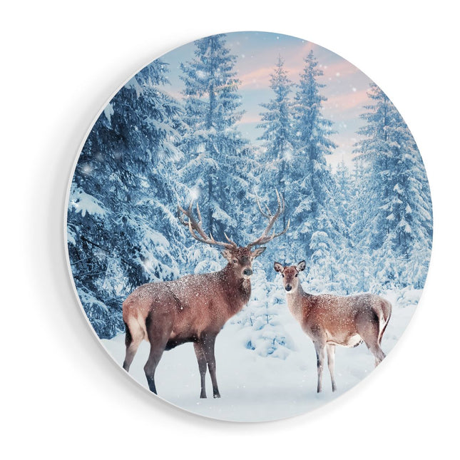 Wandcirkel vooraanzicht Twee Herten In Het Bos Met Sneeuw