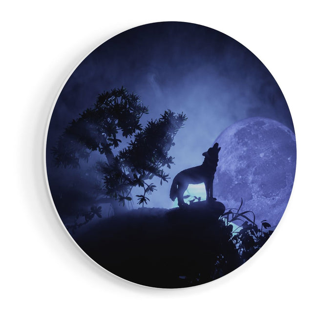 Wandcirkel vooraanzicht Huilende Wolf In Silhouet Bij Volle Maan