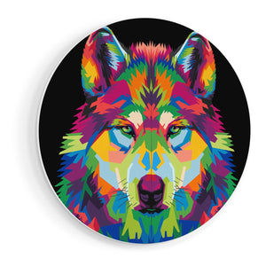 Wandcirkel vooraanzicht Gekleurde Wolvenkop - Wolf - Abstract