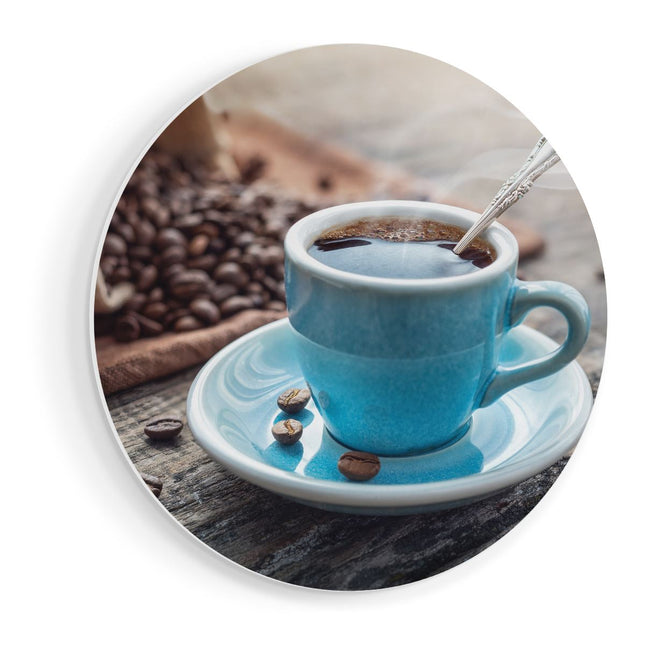 Wandcirkel vooraanzicht Blauw Kopje Koffie Met Koffiebonen