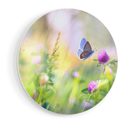 Wandcirkel vooraanzicht Blauwe Vlinder Bij Een Paarse Bloem