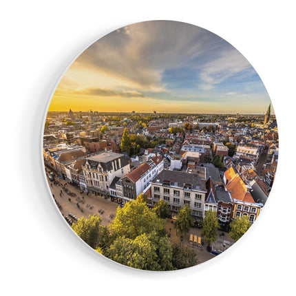 Wandcirkel vooraanzicht Groningen Skyline Stad bij Zonsondergang