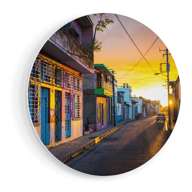 Wandcirkel vooraanzicht Cuba Kleurrijke Huisjes bij Zonsondergang