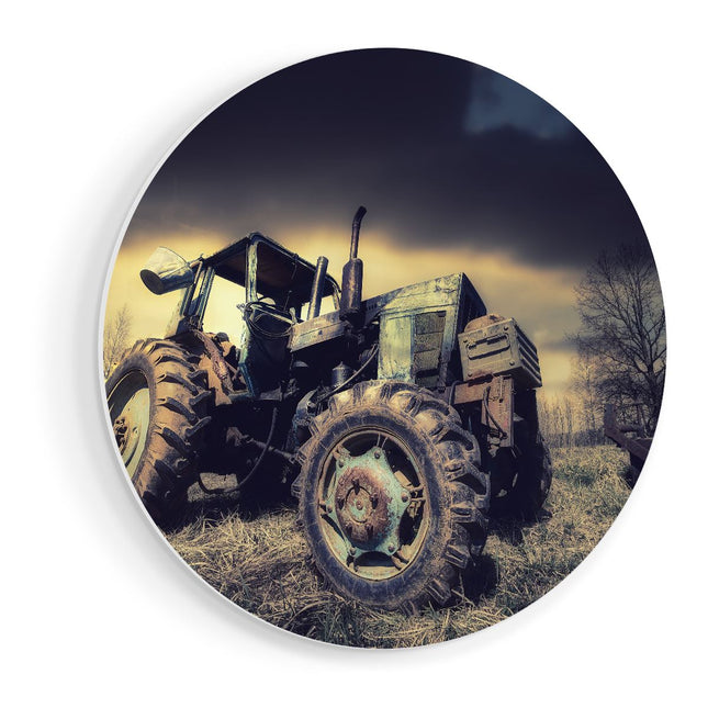 Wandcirkel vooraanzicht Oude Tractor op het Grasveld - Trekker