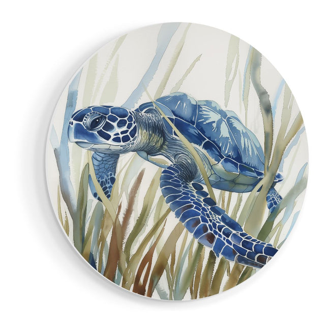 Wandcirkel vooraanzicht Blauwe Zeeschildpad die in Hoog Gras Zwemt