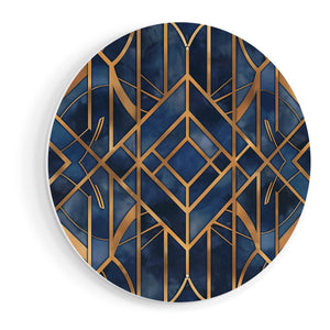 Wandcirkel vooraanzicht Art Decopatroon in Blauw en Goud