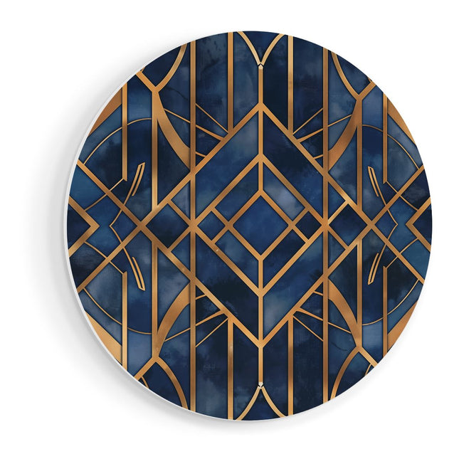 Wandcirkel vooraanzicht Art Decopatroon in Blauw en Goud
