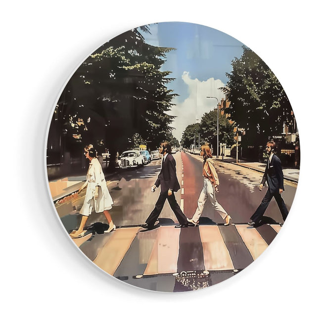 Wandcirkel vooraanzicht Kunstwerk van de Beatles die een Straat Oversteken