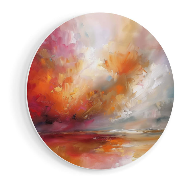 Wandcirkel vooraanzicht Abstract Kunstwerk van een Rode, Oranje en Gele Lucht