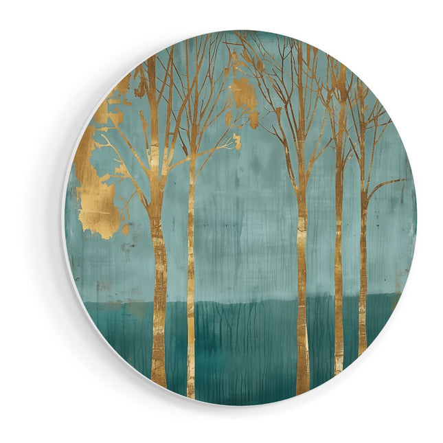Wandcirkel vooraanzicht Drie Bomen in een Blauw en Goud Kunstwerk