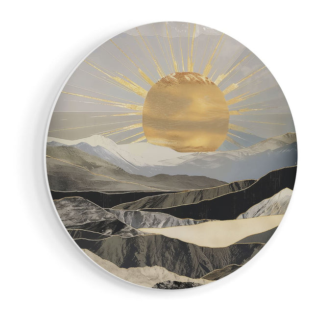 Wandcirkel vooraanzicht De Zon schijnt over een Bergketen