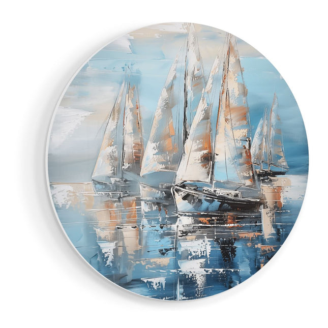 Wandcirkel vooraanzicht Kunstwerk van Zeilboten op het Water