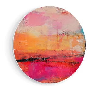 Wandcirkel vooraanzicht Abstract Kunstwerk met Roze, Oranje en Blauwe Kleuren