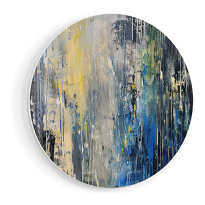 Wandcirkel vooraanzicht Abstract Kunstwerk met Blauwe, Gele en Zwarte Druppels