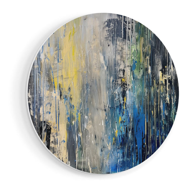 Wandcirkel vooraanzicht Abstract Kunstwerk met Blauwe, Gele en Zwarte Druppels