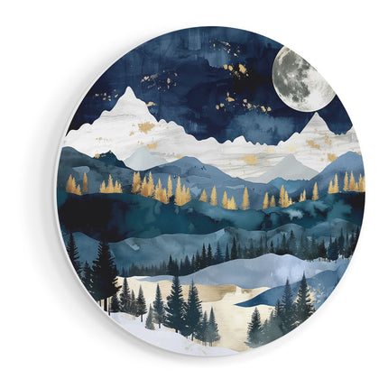 Wandcirkel vooraanzicht Aquarelkunstwerk van een Besneeuwd Landschap met een Volle Maan