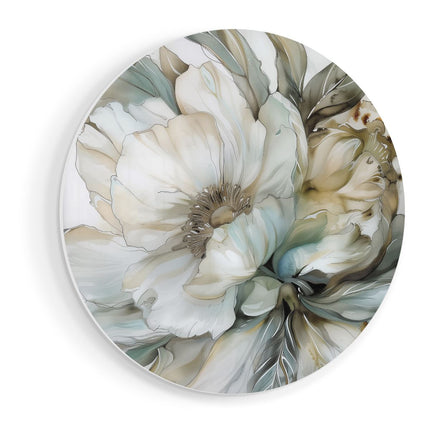 Wandcirkel vooraanzicht Kunstwerk van een Witte Bloem op een Witte Achtergrond