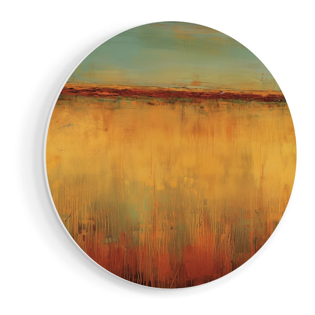 Wandcirkel vooraanzicht Abstract Kunstwerk van een Rood, Oranje en Geel Landschap