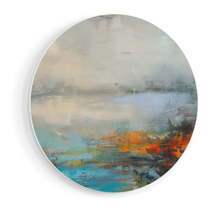 Wandcirkel vooraanzicht Abstract Kunstwerk met Oranje, Blauwe en Groene Kleuren
