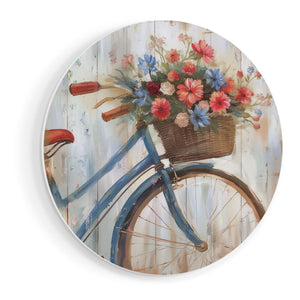 Wandcirkel vooraanzicht Kunstwerk van een Fiets met Bloemen in een Mand