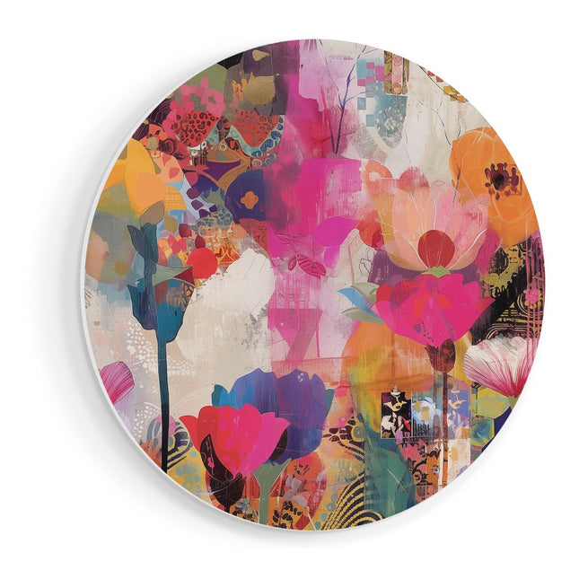 Wandcirkel vooraanzicht Abstract Kunstwerk van Kleurrijke Bloemen