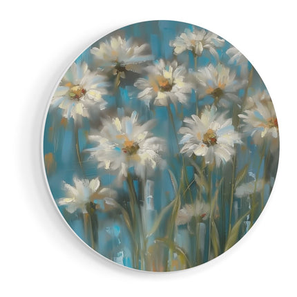 Wandcirkel vooraanzicht Kunstwerk van Witte Madeliefjes op een Blauwe Achtergrond