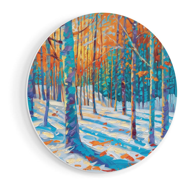 Wandcirkel vooraanzicht Kunstwerk van een Besneeuwd Bos bij Zonsondergang