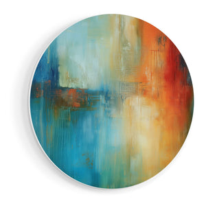 Wandcirkel vooraanzicht Abstract Kunstwerk met Blauwe, Oranje en Rode Kleuren