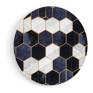 Wandcirkel vooraanzicht Blauw en Goud Marmerpatroon met Zeshoeken
