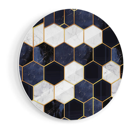 Wandcirkel vooraanzicht Blauw en Goud Marmerpatroon met Zeshoeken